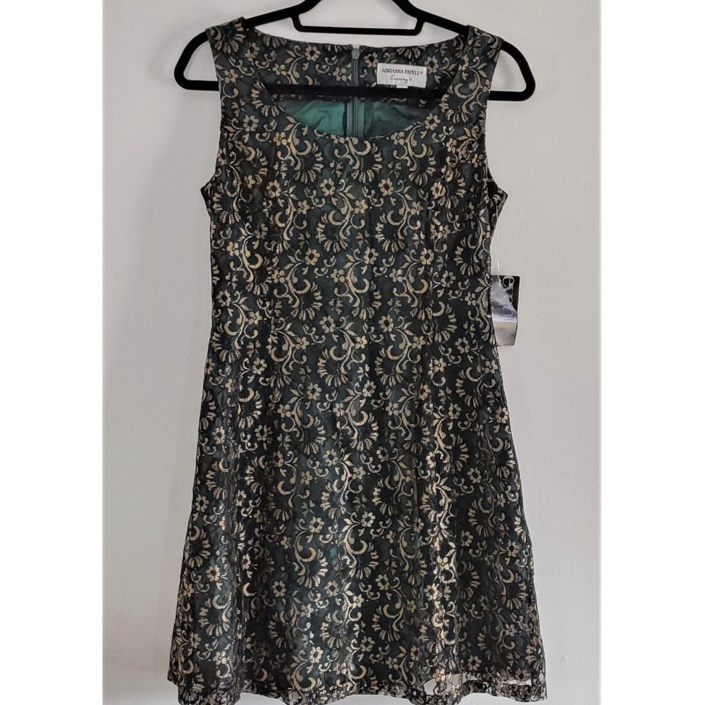 NEW Adrianna Papell Evening Women Lace Fit & Flare Dress Green Black Gold Size 6